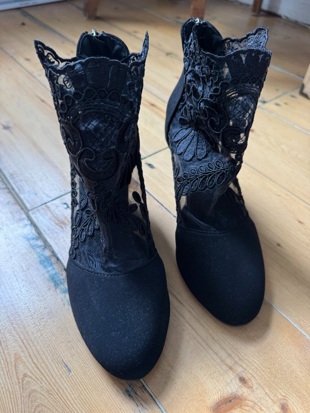 Black Floral Lace Embroidered Ankle Boots Block Heel Size 40